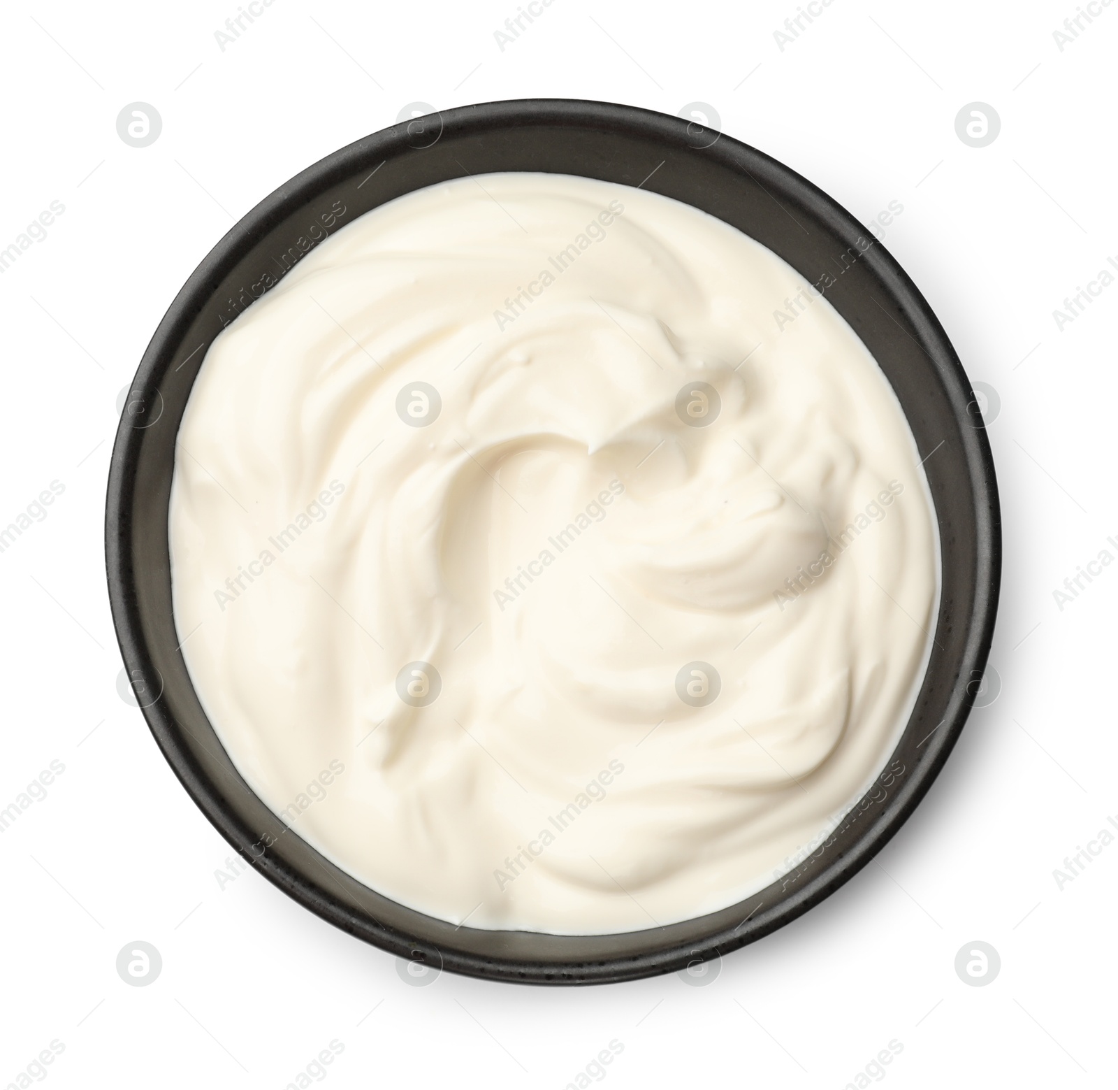 Photo of Tasty sour cream in bowl isolated on white, top view