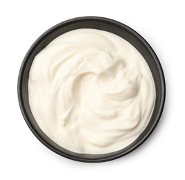 Photo of Tasty sour cream in bowl isolated on white, top view
