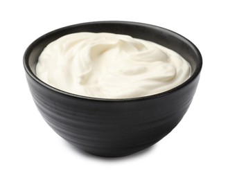 Photo of Tasty sour cream in bowl isolated on white