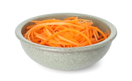 Photo of Raw carrot noodles in bowl isolated on white. Vegetarian dish