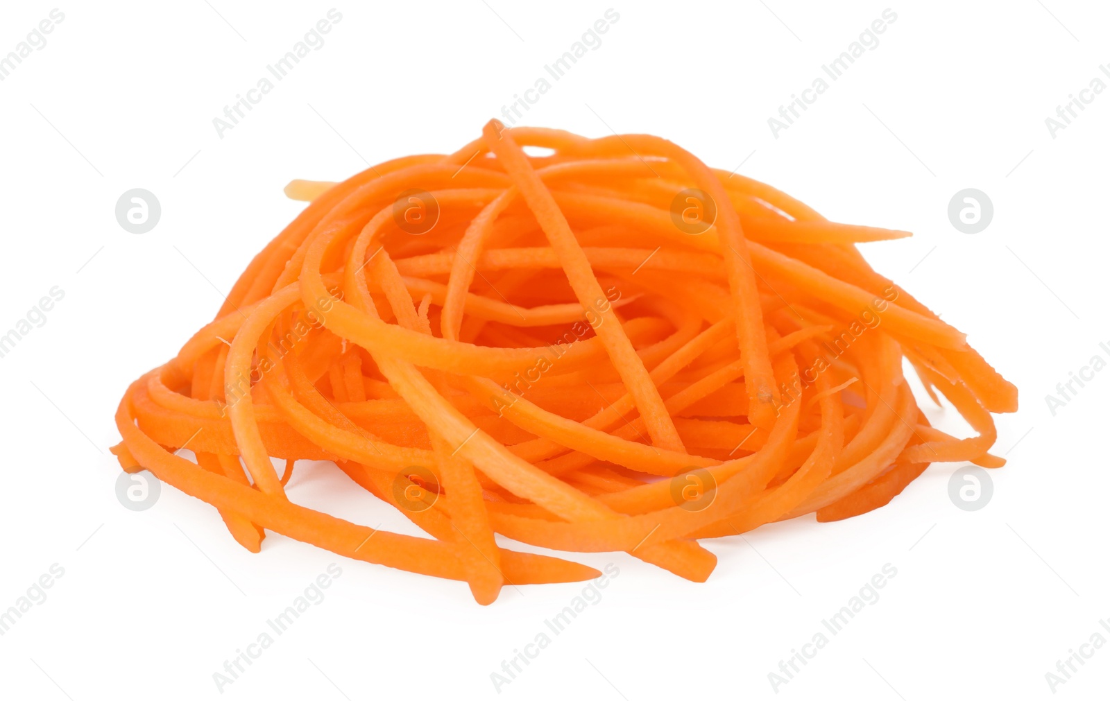 Tasty raw carrot noodles isolated on white. Vegetarian dish Photo of Tasty raw carrot noodles isolated on white. Vegetarian dish