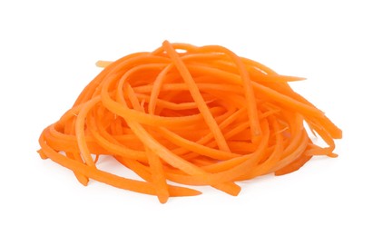Photo of Tasty raw carrot noodles isolated on white. Vegetarian dish