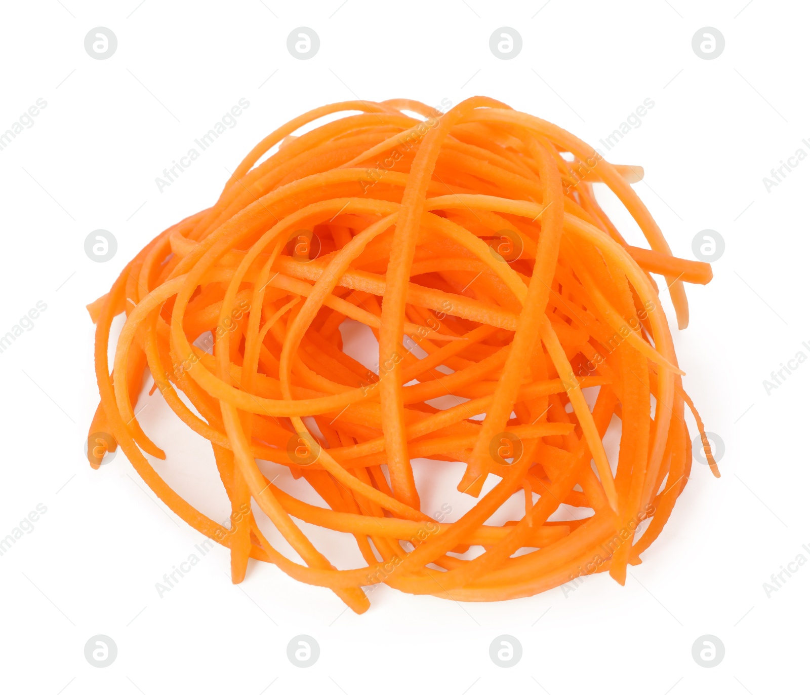 Tasty raw carrot noodles isolated on white, top view. Vegetarian dish Photo of Tasty raw carrot noodles isolated on white, top view. Vegetarian dish