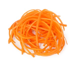 Photo of Tasty raw carrot noodles isolated on white, top view. Vegetarian dish