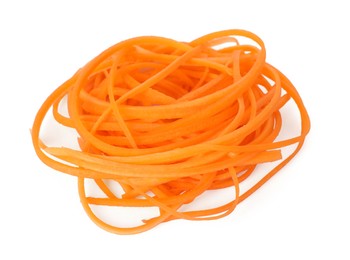 Photo of Tasty raw carrot noodles isolated on white. Vegetarian dish