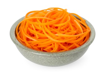 Photo of Raw carrot noodles in bowl isolated on white. Vegetarian dish