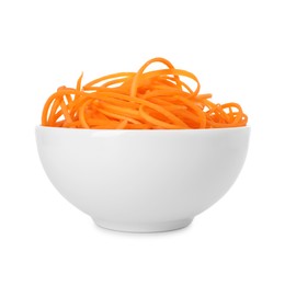 Photo of Raw carrot noodles in bowl isolated on white. Vegetarian dish