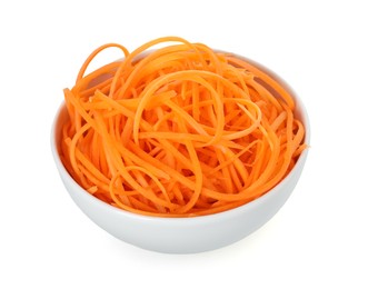 Photo of Raw carrot noodles in bowl isolated on white. Vegetarian dish