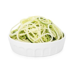 Photo of Raw zucchini noodles in bowl isolated on white. Vegetarian dish