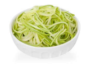 Photo of Raw squash noodles in bowl isolated on white. Vegetarian dish