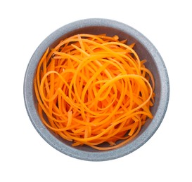 Photo of Raw carrot noodles in bowl isolated on white, top view. Vegetarian dish