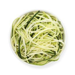 Photo of Raw zucchini noodles in bowl isolated on white, top view. Vegetarian dish