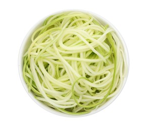 Photo of Raw squash noodles in bowl isolated on white, top view. Vegetarian dish