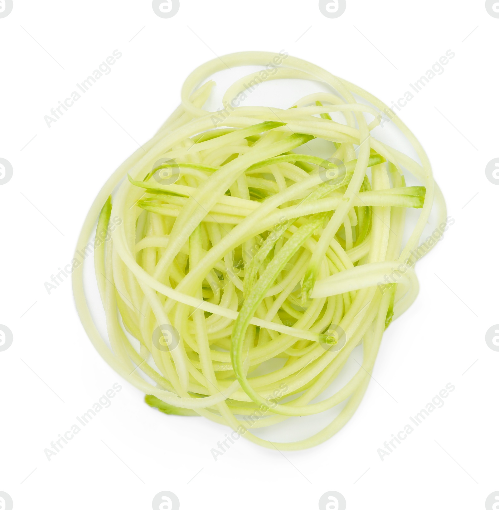Photo of Raw squash noodles isolated on white, top view. Vegetarian dish
