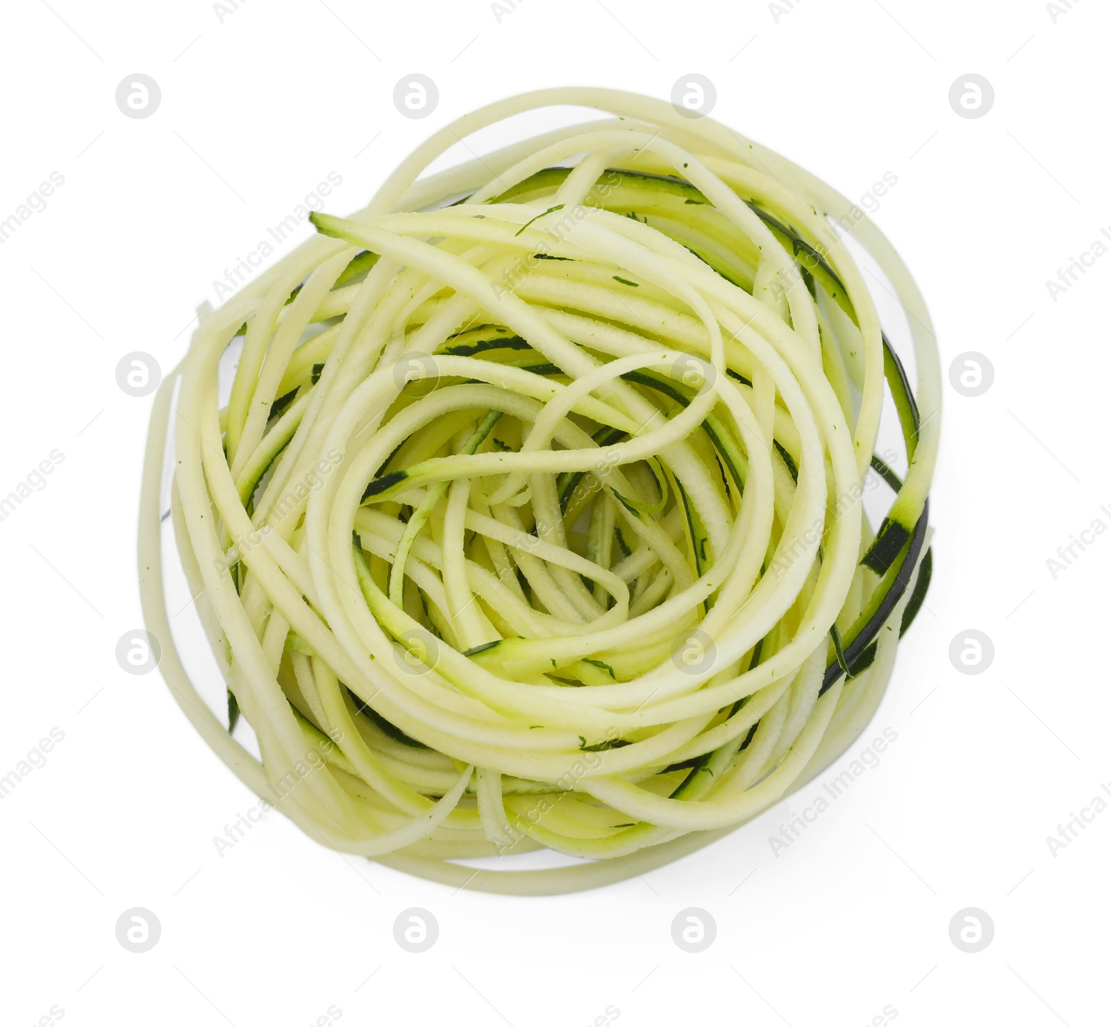 Raw zucchini noodles in bowl isolated on white, top view. Vegetarian dish Photo of Raw zucchini noodles in bowl isolated on white, top view. Vegetarian dish