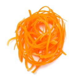 Photo of Raw carrot noodles isolated on white, top view. Vegetarian dish