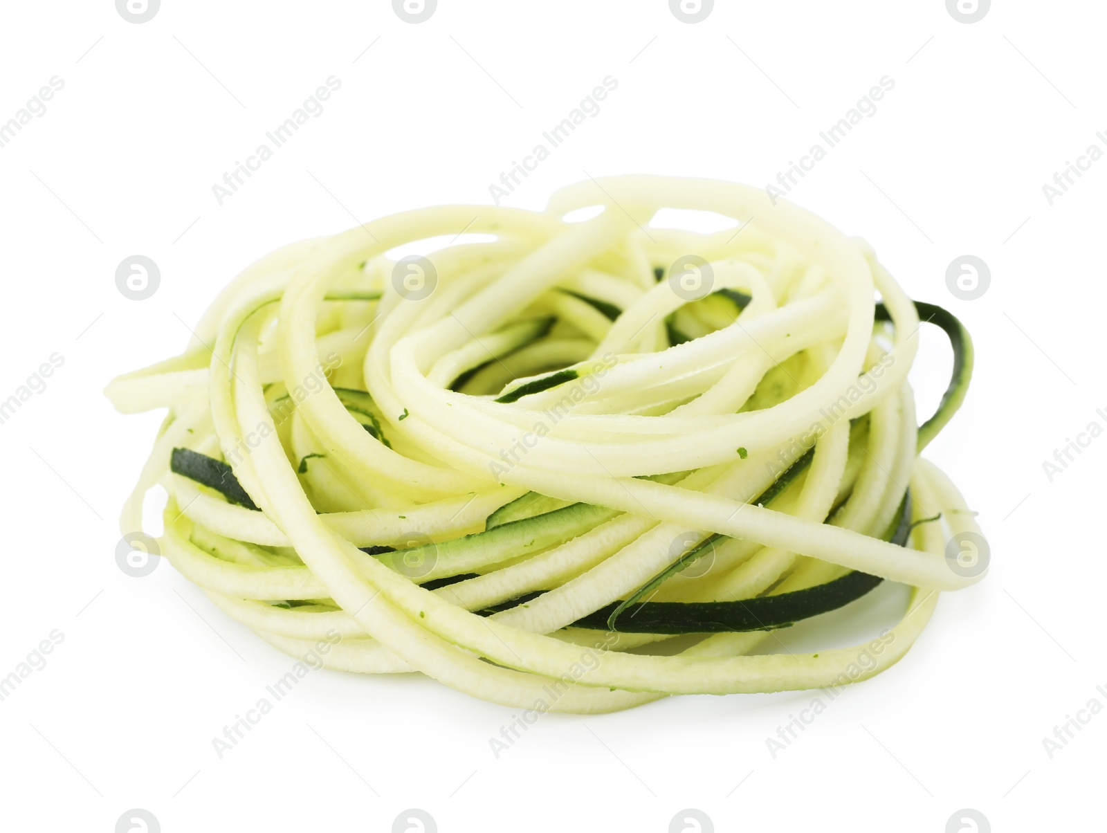 Raw zucchini noodles isolated on white. Vegetarian dish Photo of Raw zucchini noodles isolated on white. Vegetarian dish