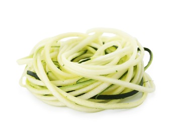 Photo of Raw zucchini noodles isolated on white. Vegetarian dish