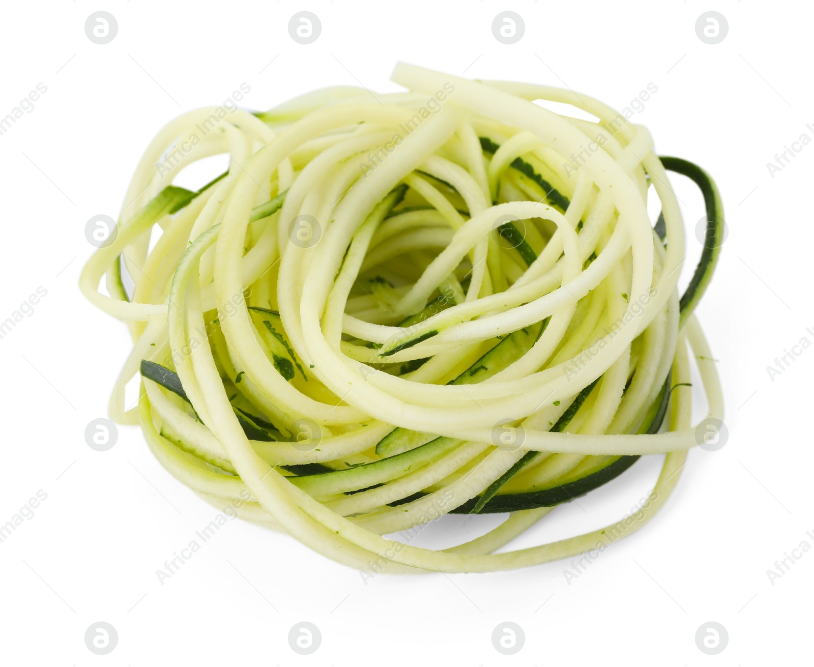 Raw zucchini noodles isolated on white. Vegetarian dish Photo of Raw zucchini noodles isolated on white. Vegetarian dish