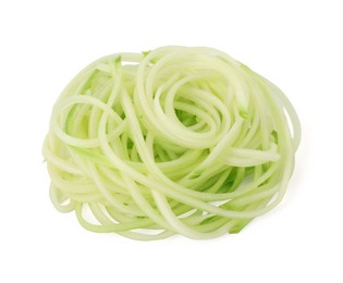 Photo of Tasty raw squash noodles isolated on white, top view. Vegetarian dish