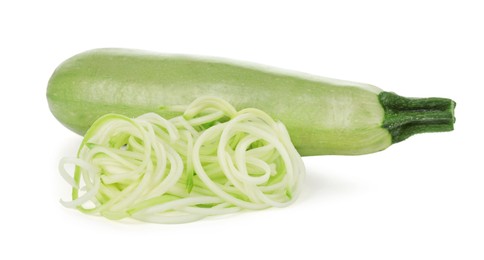 Photo of Raw squash noodles and fresh vegetable isolated on white. Vegetarian dish