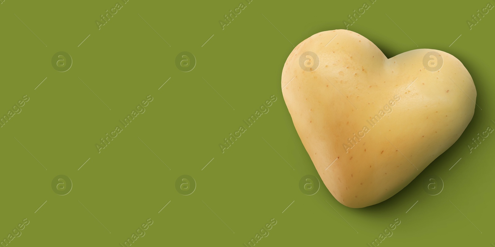 Heart shaped potato on olive color background, top view. Banner design with space for text Image of Heart shaped potato on olive color background, top view. Banner design with space for text