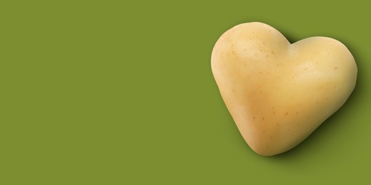 Image of Heart shaped potato on olive color background, top view. Banner design with space for text