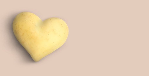 Image of Heart shaped potato on dusty pink background, top view. Banner design with space for text
