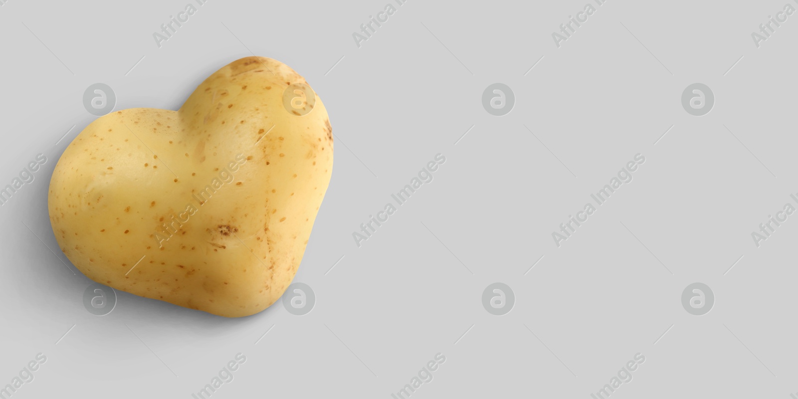 Heart shaped potato on grey background, top view. Banner design with space for text Image of Heart shaped potato on grey background, top view. Banner design with space for text