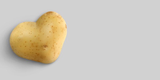 Image of Heart shaped potato on grey background, top view. Banner design with space for text