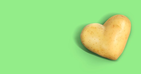 Image of Heart shaped potato on light green background, top view. Banner design with space for text