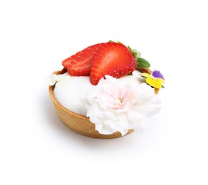 Photo of One sweet tartlet with strawberry and flowers isolated on white. Delicious dessert
