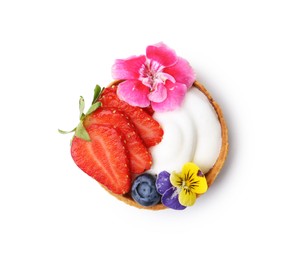 Photo of One sweet tartlet with berries and flowers isolated on white, top view. Delicious dessert