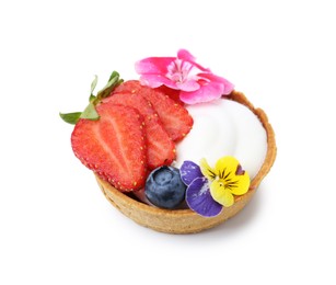 Photo of One sweet tartlet with berries and flowers isolated on white. Delicious dessert