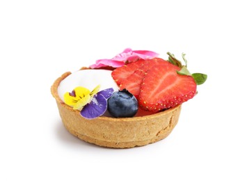 Photo of One sweet tartlet with berries and flowers isolated on white. Delicious dessert