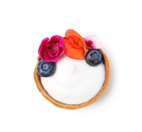 Photo of One sweet tartlet with blueberries and flowers isolated on white, top view. Delicious dessert