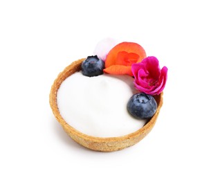 Photo of One sweet tartlet with blueberries and flowers isolated on white. Delicious dessert