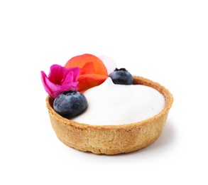 Photo of One sweet tartlet with blueberries and flowers isolated on white,. Delicious dessert