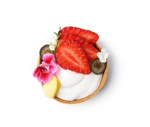 Photo of One sweet tartlet with berries and flowers isolated on white, top view. Delicious dessert