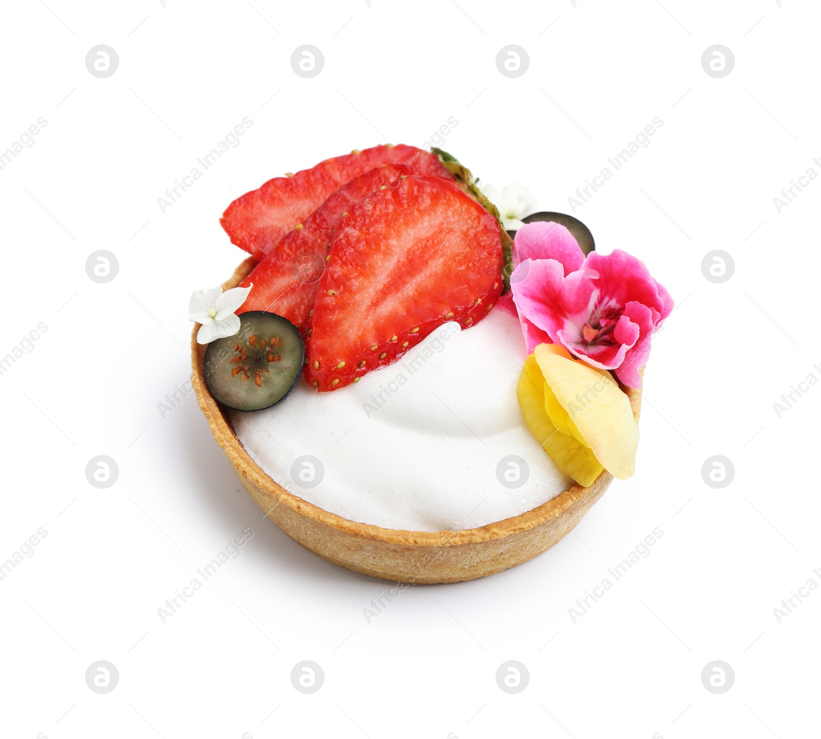 One sweet tartlet with berries and flowers isolated on white. Delicious dessert Photo of One sweet tartlet with berries and flowers isolated on white. Delicious dessert
