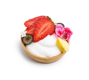 Photo of One sweet tartlet with berries and flowers isolated on white. Delicious dessert