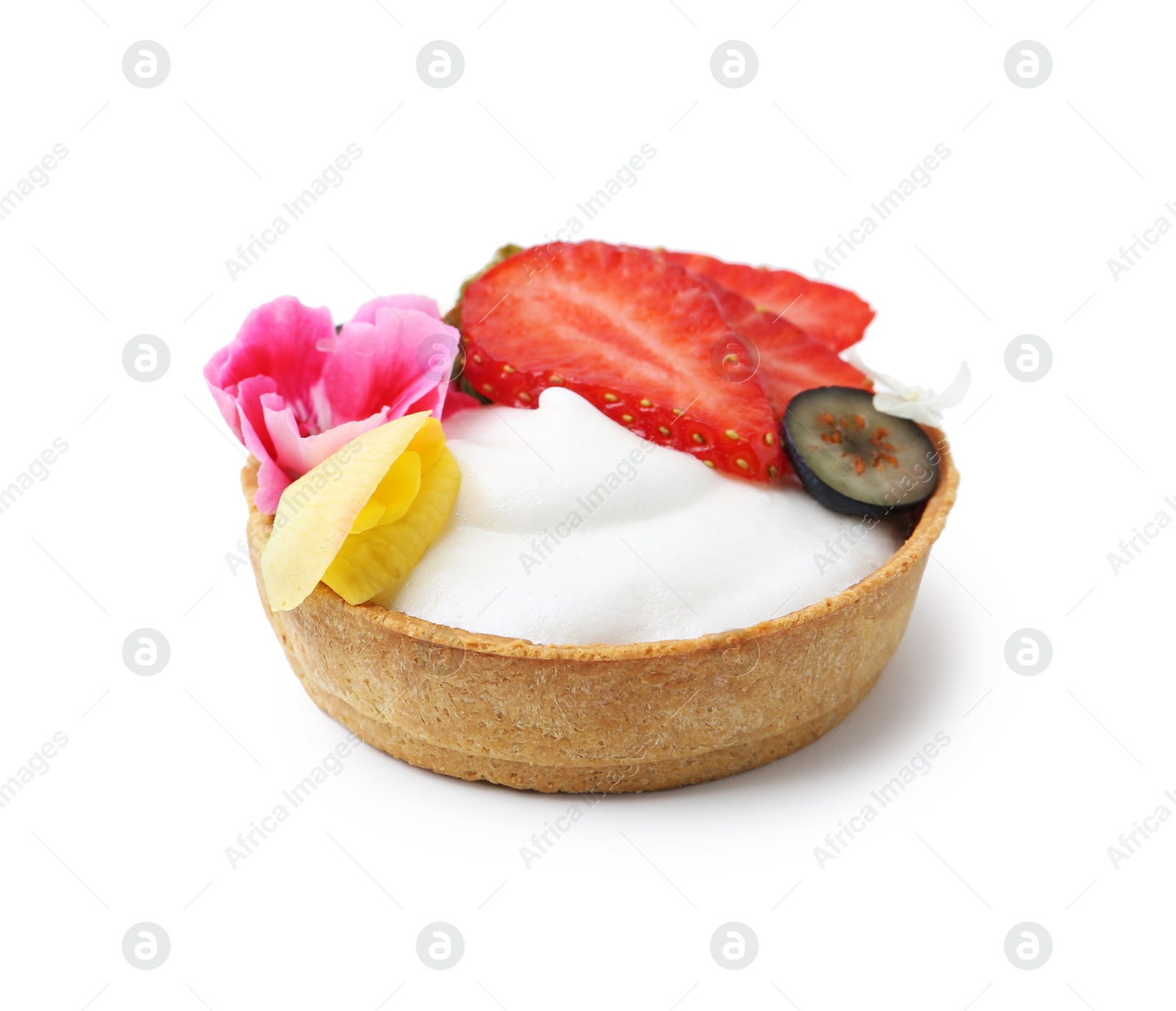 Photo of One sweet tartlet with berries and flowers isolated on white. Delicious dessert