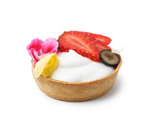 Photo of One sweet tartlet with berries and flowers isolated on white. Delicious dessert
