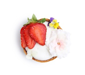 Photo of One sweet tartlet with strawberry and flowers isolated on white, top view. Delicious dessert