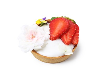 Photo of One sweet tartlet with strawberry and flowers isolated on white. Delicious dessert