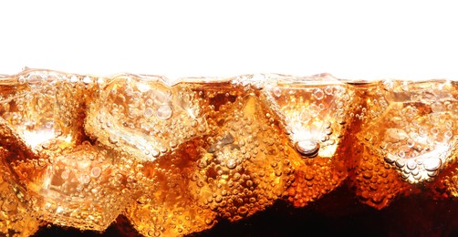 Photo of Refreshing cola with ice isolated on white