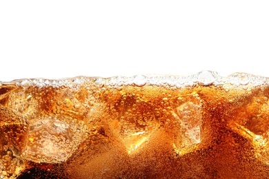 Photo of Refreshing cola with ice isolated on white