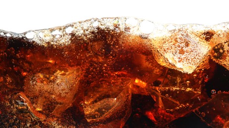 Photo of Refreshing cola with ice isolated on white