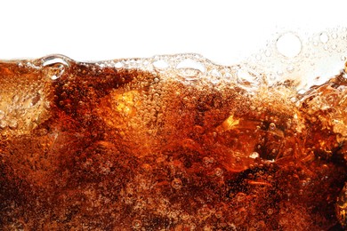 Photo of Refreshing cola with ice isolated on white