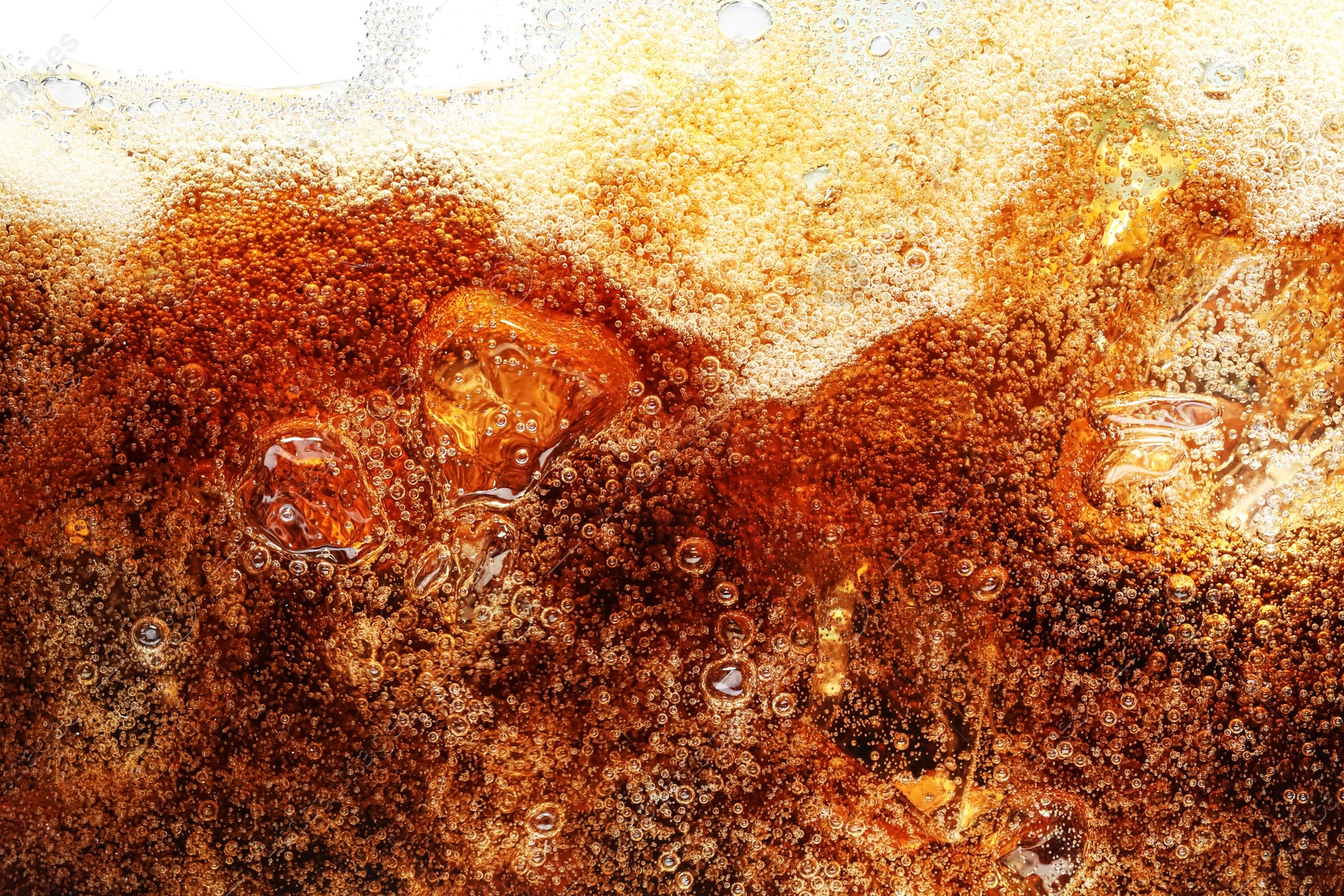 Fizzy cola with bubbles as background, macro view Photo of Fizzy cola with bubbles as background, macro view